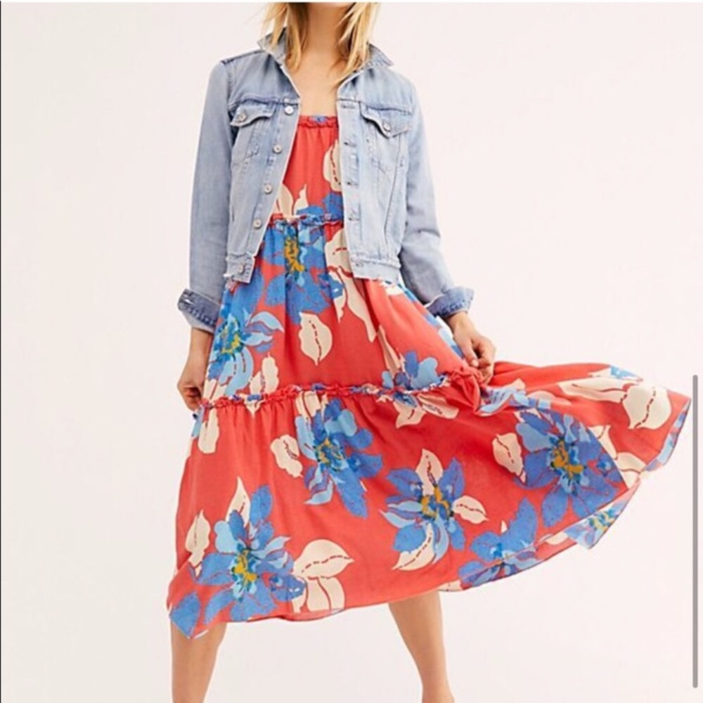 Free People Moonshine Midi Ruffled Dress Small Orange Blue White Boho Chic